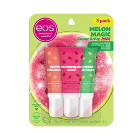 eos front packaging showing three melon magic tins and colorful artwork benefits travel-friendly