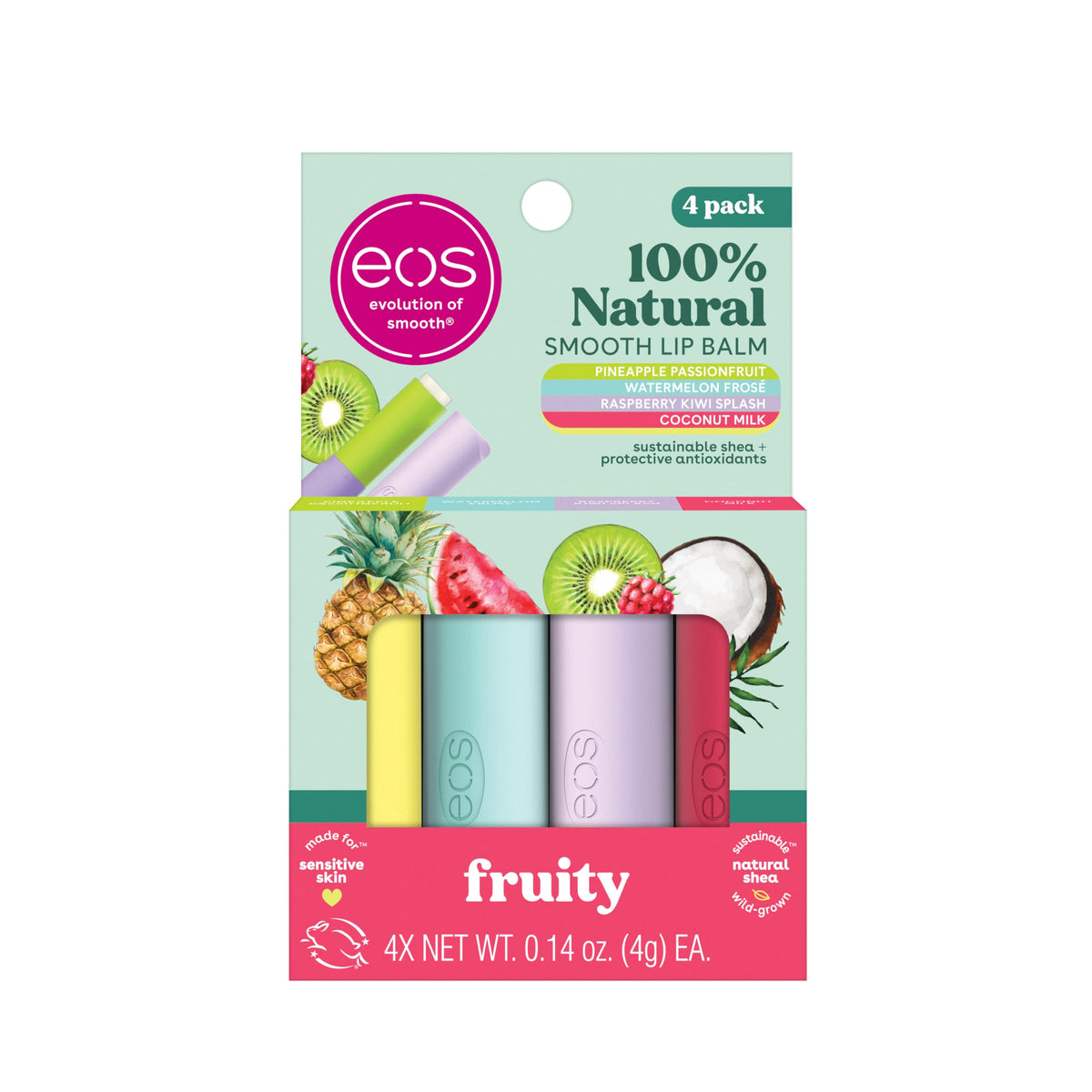 eos pack front view showing four natural-flavor lip balms and easy portability