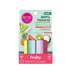 eos pack front view showing four natural-flavor lip balms and easy portability