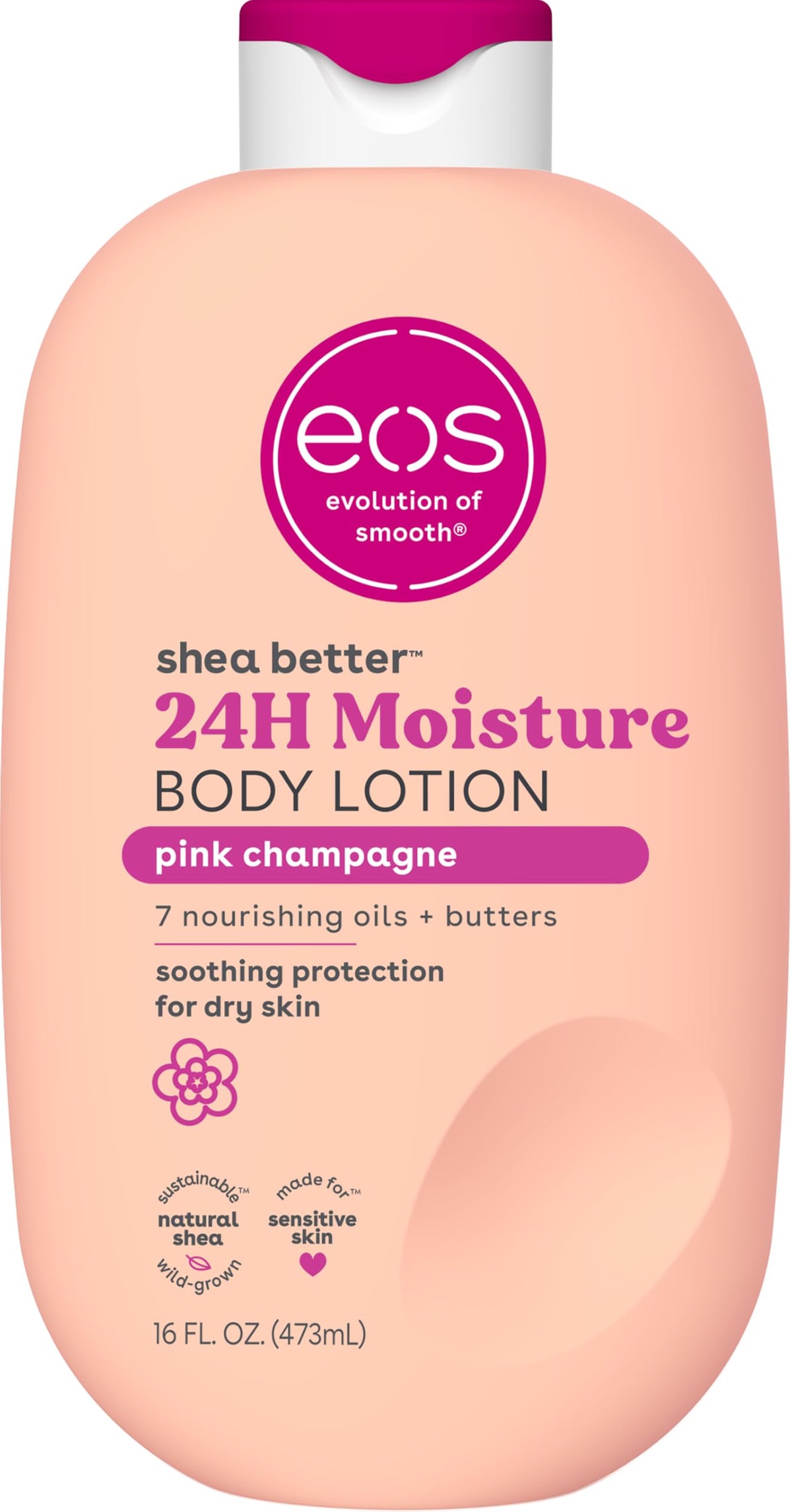eos front bottle of Pink Champagne lotion shows packaging and size benefit