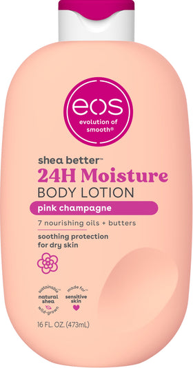 eos front bottle of Pink Champagne lotion shows packaging and size benefit