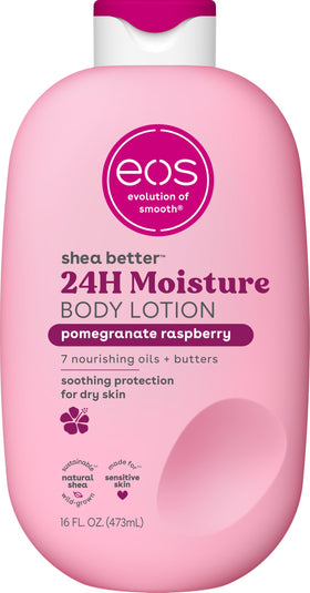 eos front packaging showing pomegranate raspberry scent and pump for convenient use