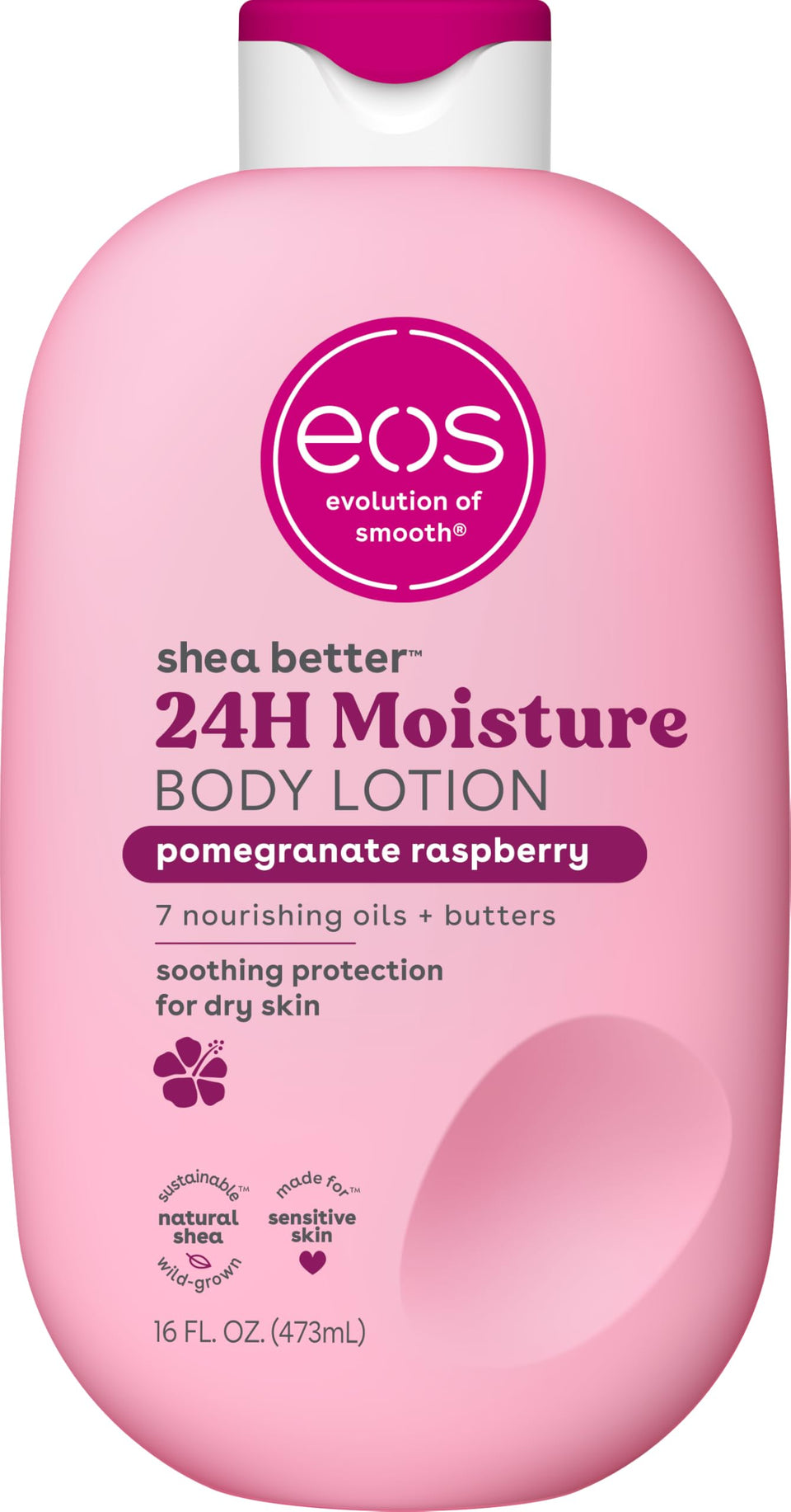 eos front packaging showing pomegranate raspberry scent and pump for convenient use