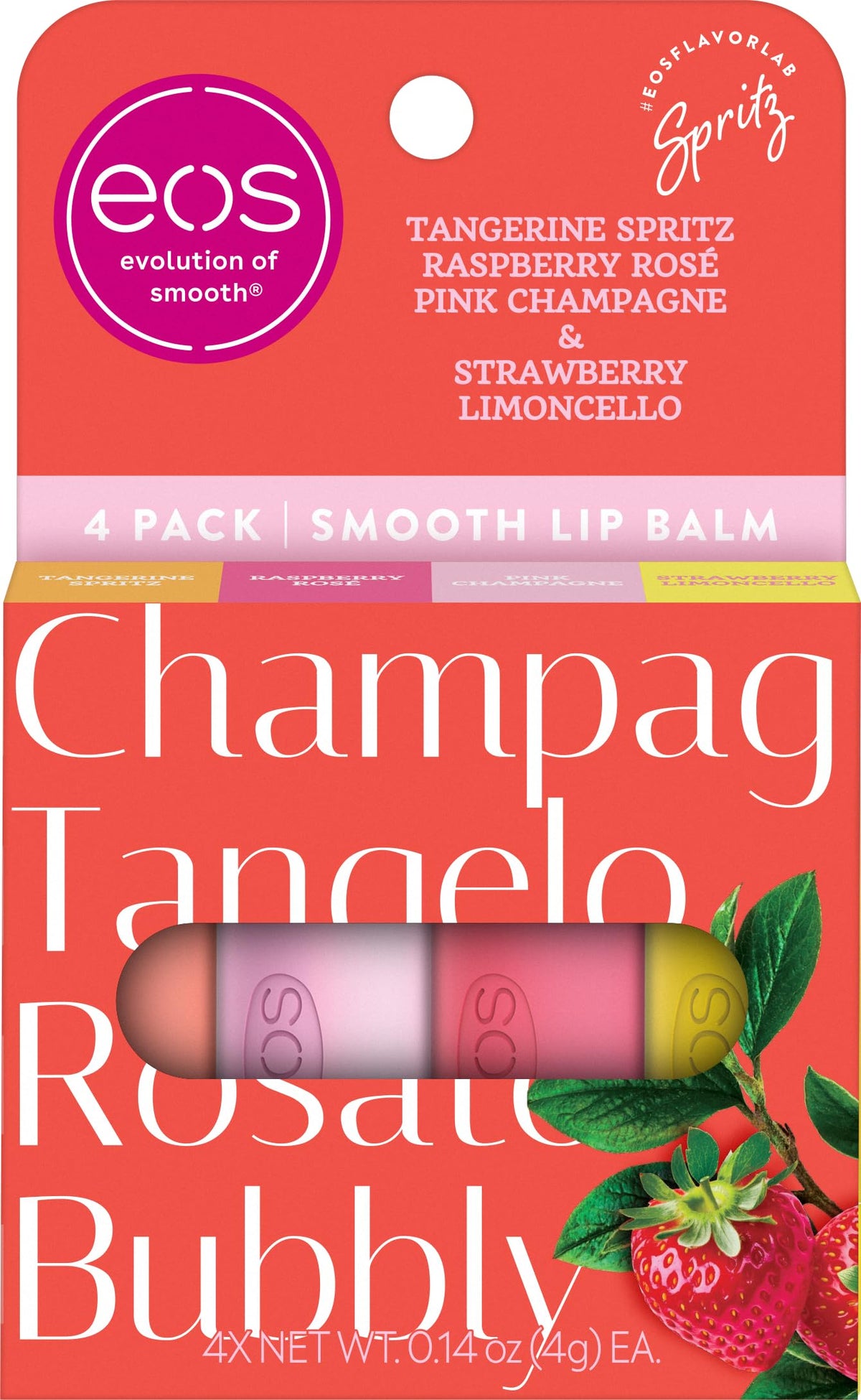 eos Seaside Spritz front packaging showing four colorful balm tubes and flavor names for gifting