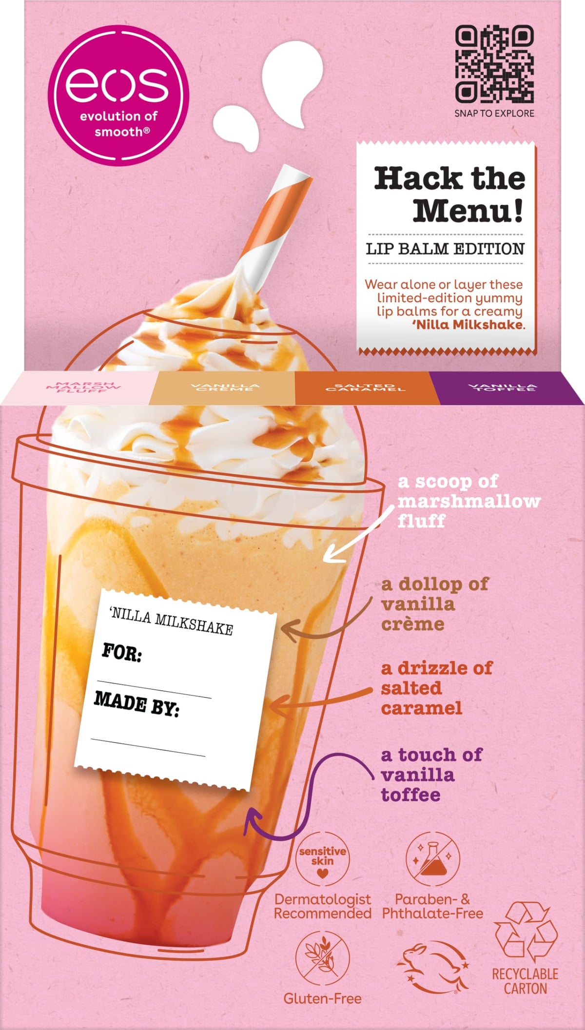 eos sticker sheet and four balms displayed for personalization and gifting
