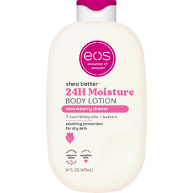 eos bottle front packaging showing Strawberry Dream and moisturizing benefit