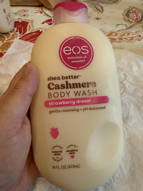 eos bottle on bathtub edge styled in routine showing gentle cleansing benefit