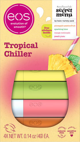 eos front packaging showing four tropical balms and stickers for gift appeal