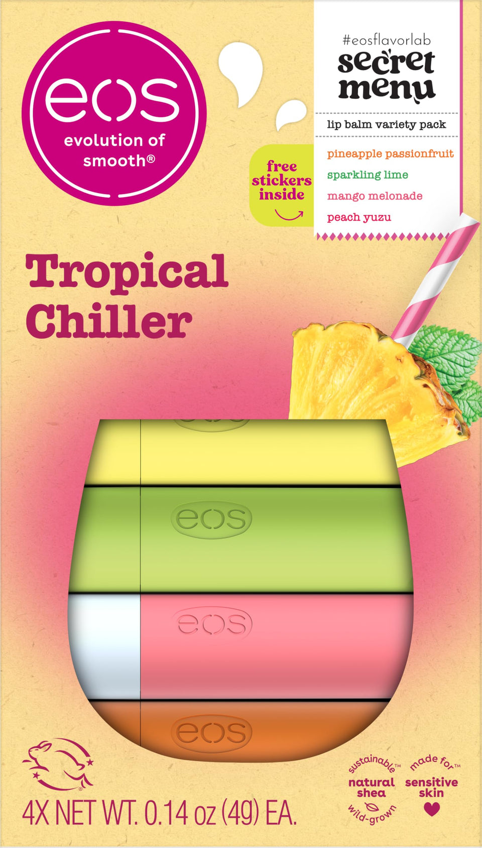 eos front packaging showing four tropical balms and stickers for gift appeal