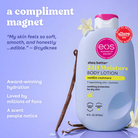eos pump dispensing lotion demonstrating lightweight, fast-absorbing texture