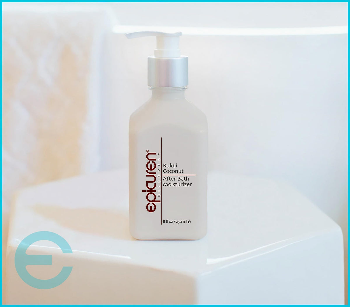 epicuren DISCOVERY bottle in bathroom lifestyle setting suggesting post-shower replenishment