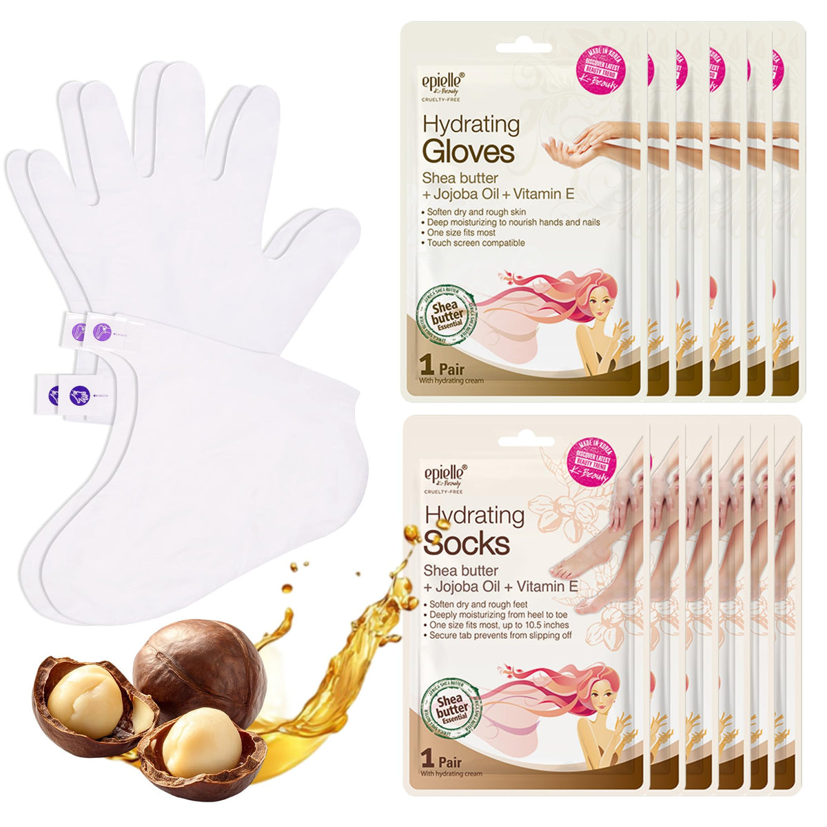Epielle front packaging displaying 6 gloves and 6 socks for easy spa treatments