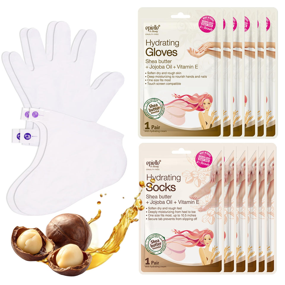 Epielle front packaging displaying 6 gloves and 6 socks for easy spa treatments