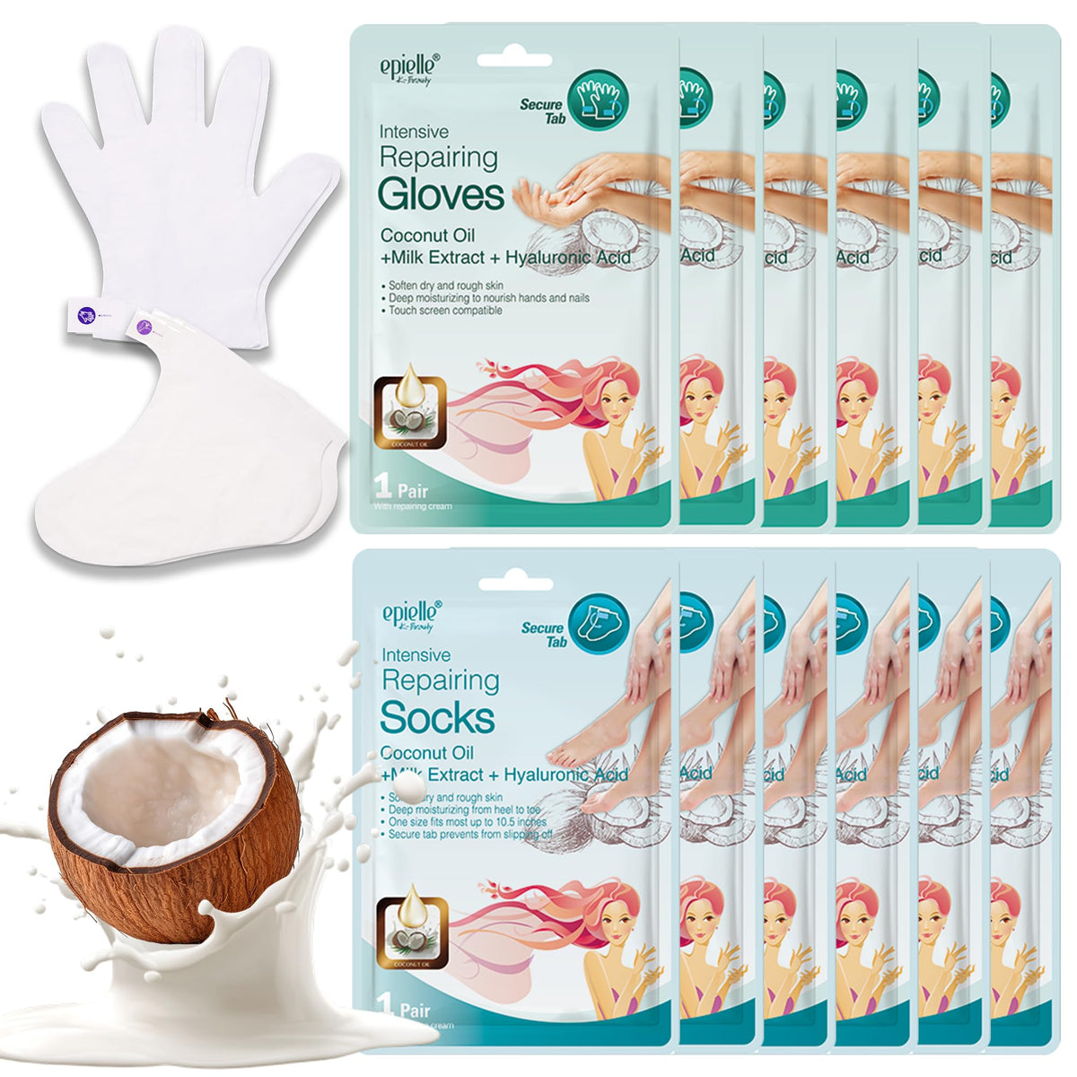 Epielle front packaging showing gloves and socks for quick spa benefits