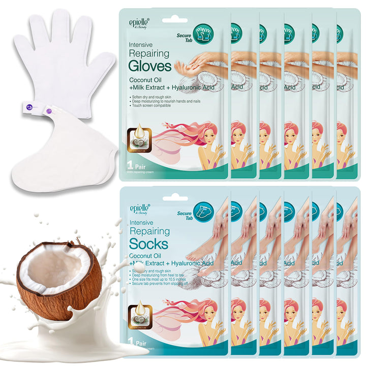 Epielle front packaging showing gloves and socks for quick spa benefits