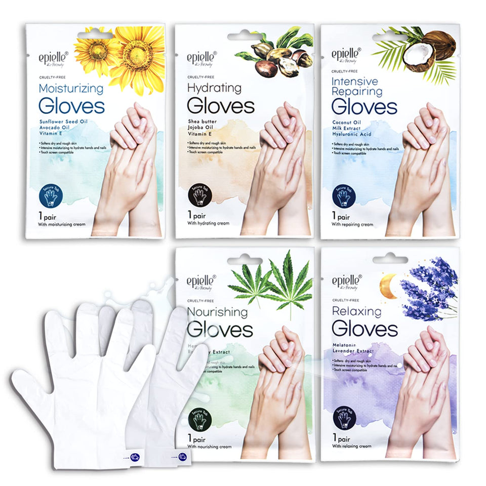 Epielle front packaging showing five assorted hand mask pairs and benefits