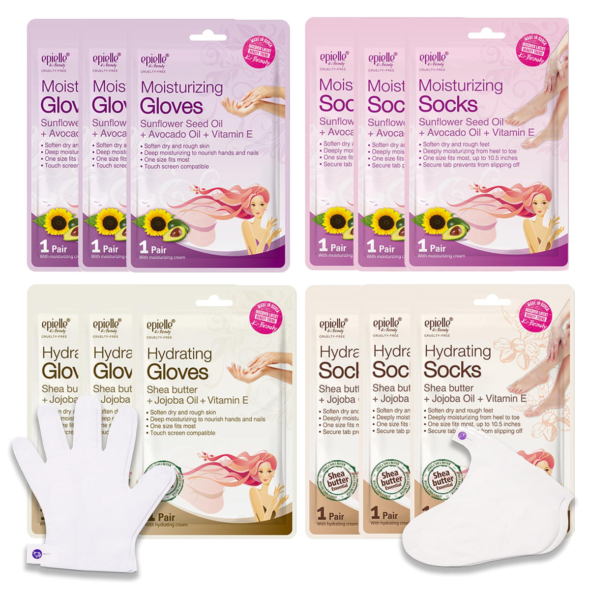 Epielle front packaging showing gloves and socks and quick results