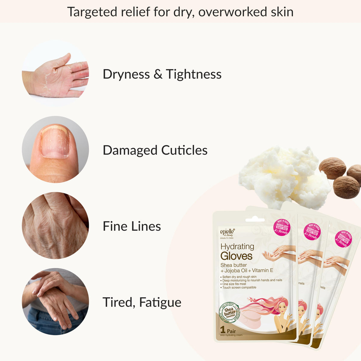 Epielle opened glove showing nourishing shea butter and jojoba oil serum