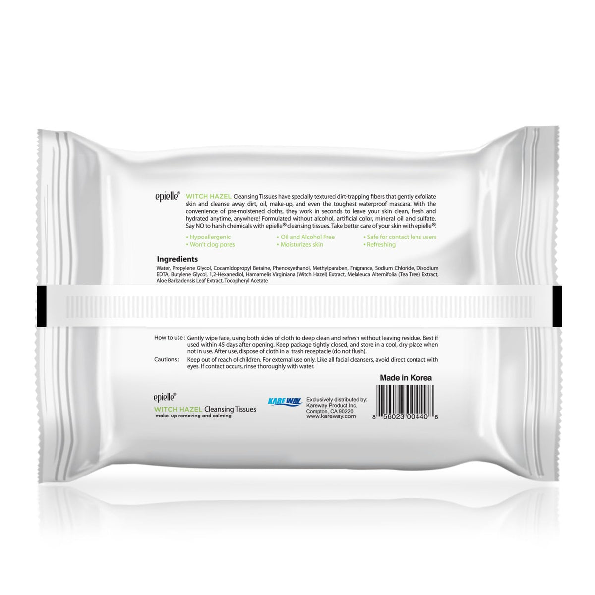 Epielle ingredients label closeup highlighting witch hazel for gentle care