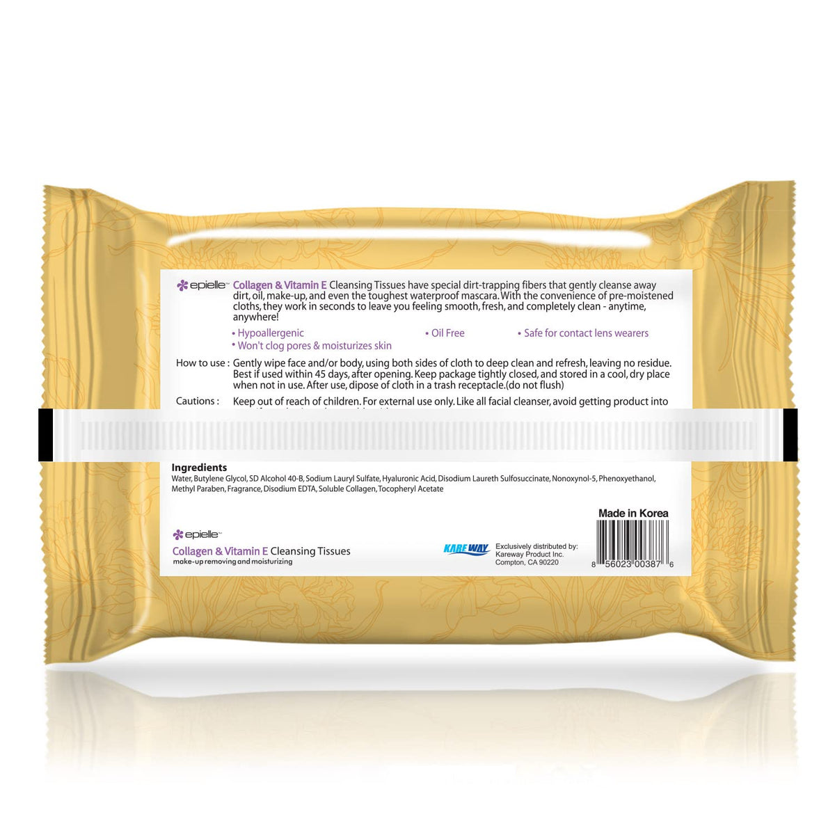 Epielle ingredients label listing collagen, cucumber extract, and argan oil benefits