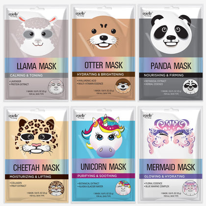Epielle front packaging showing six mystical safari character masks and playful designs
