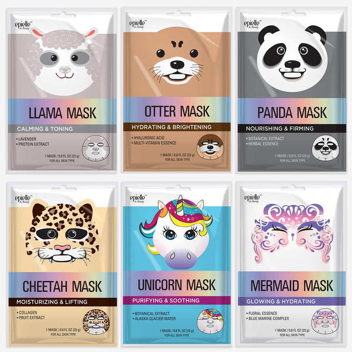 Epielle front packaging showing six mystical safari character masks and playful designs