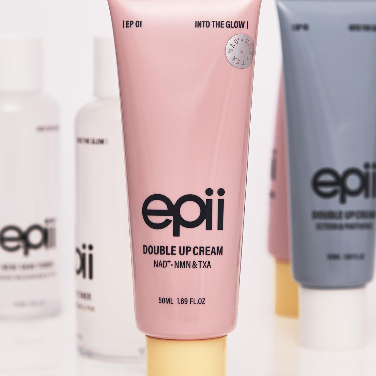 epii Double Up Cream on bathroom shelf in routine setting promoting daily use