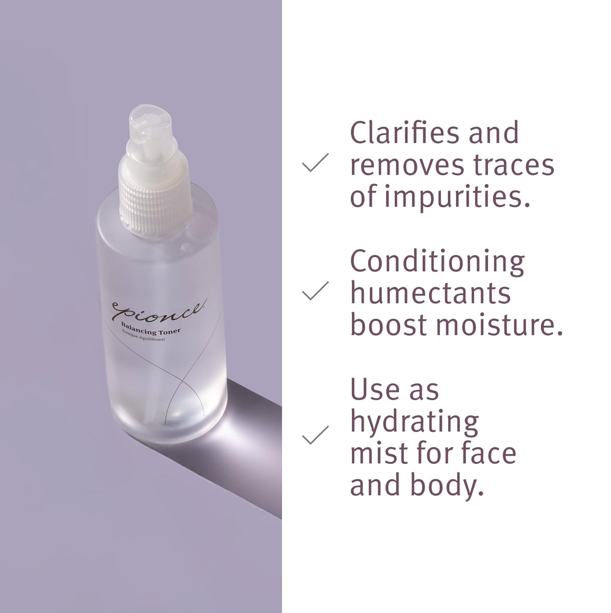Epionce toner texture as airy mist, hydrates and soothes skin quickly