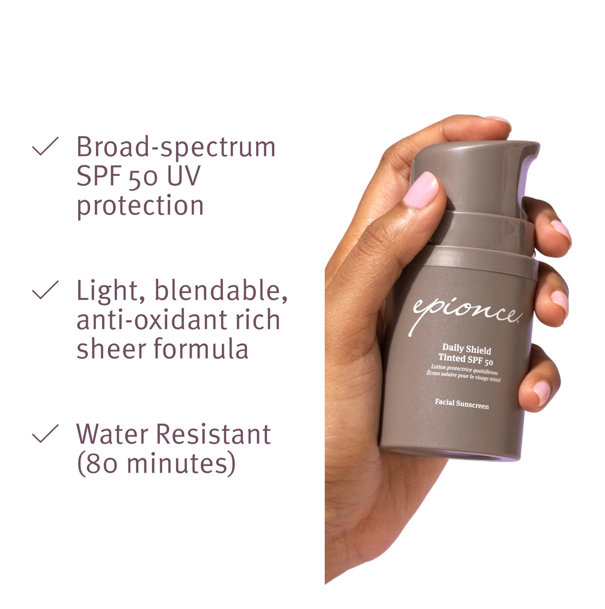 Epionce swatched on hand showing tint and coverage benefit