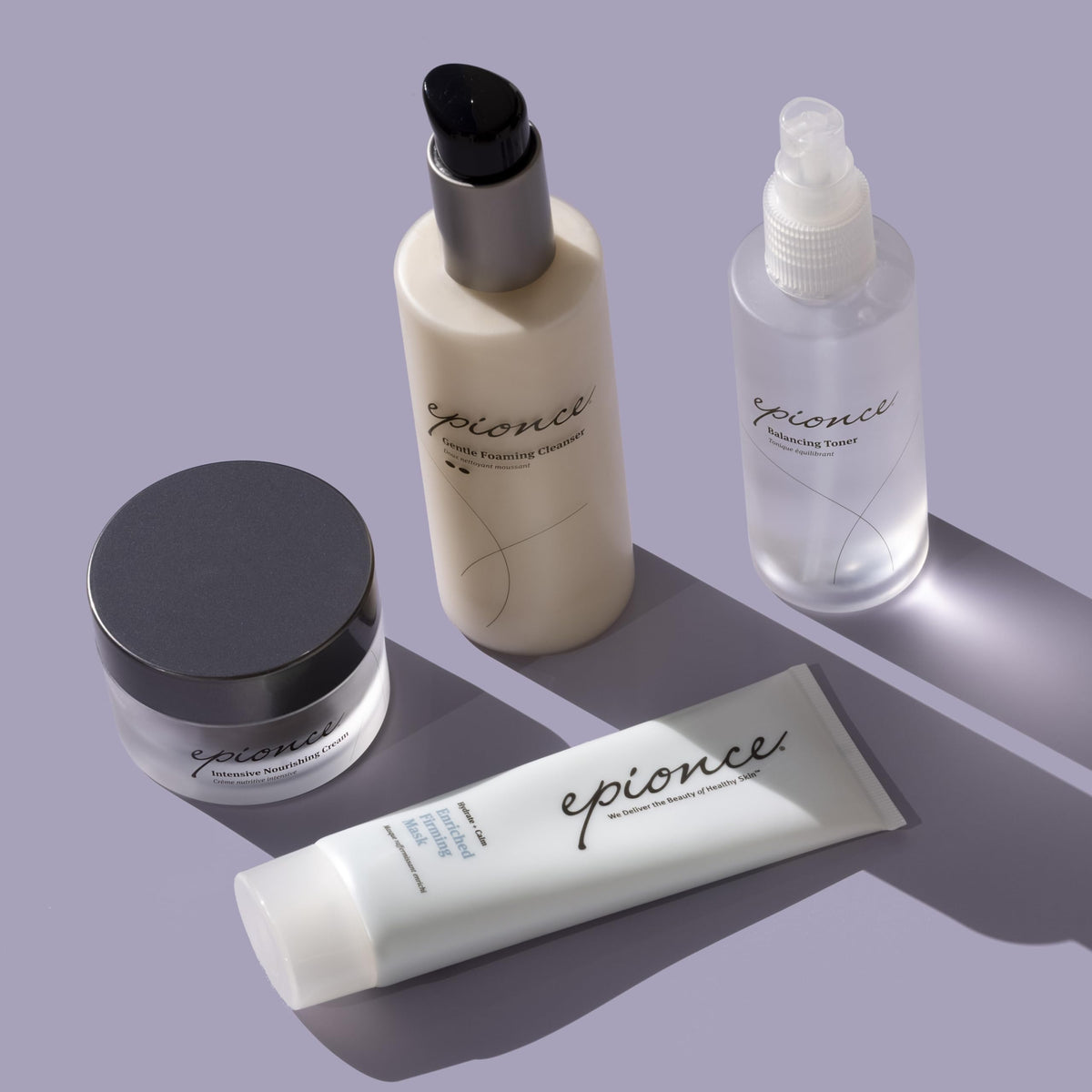 Mask on bathroom shelf with Epionce product in a lifestyle setting