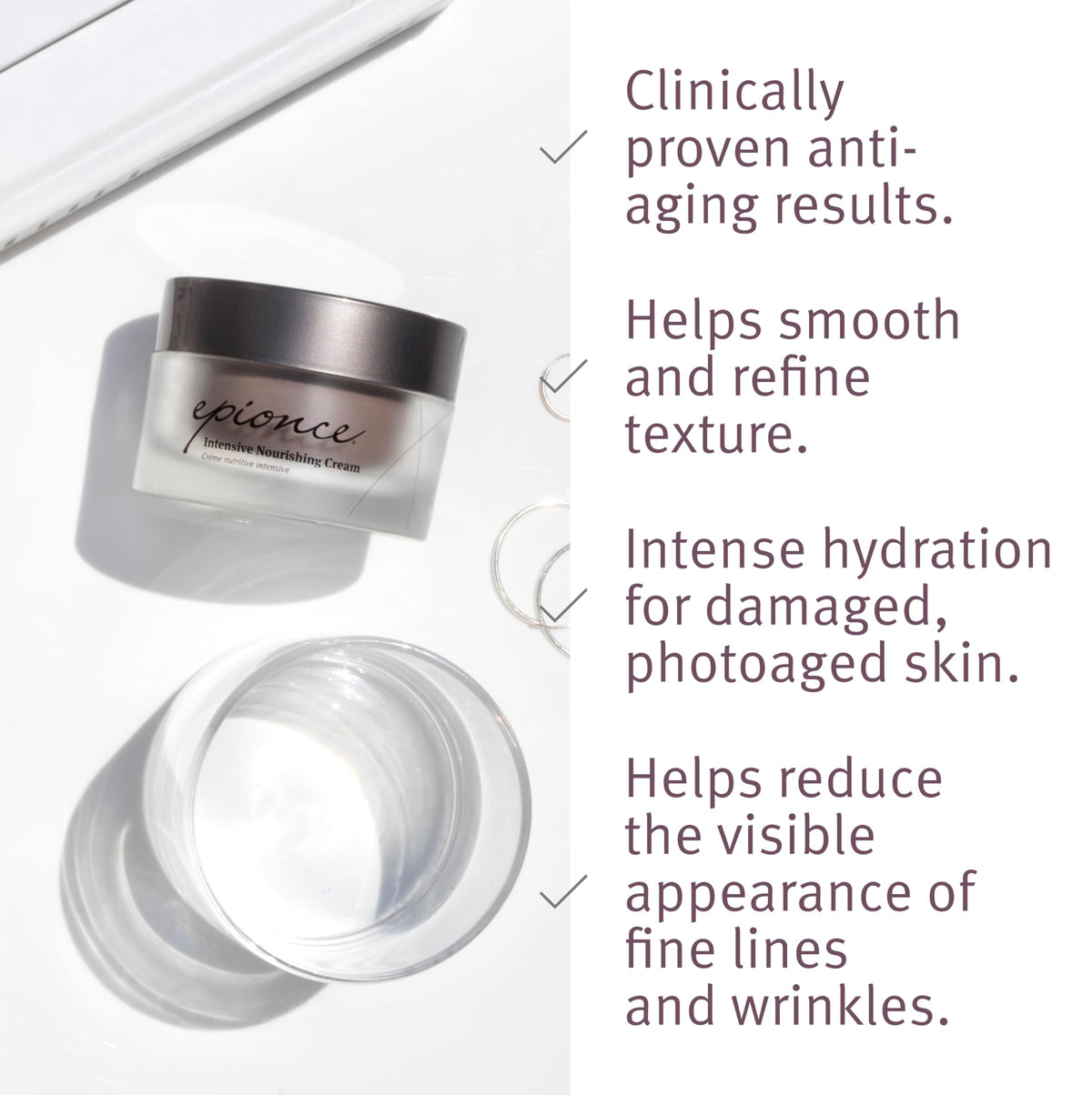 Dispenser and spatula next to Epionce cream demonstrating hygienic application and controlled dosing