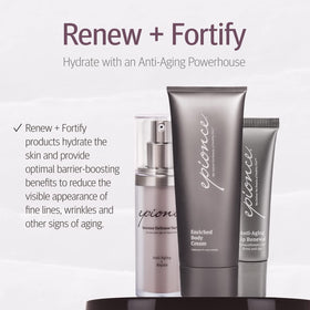 Epionce bottle next to hand showing product size and easy daily use