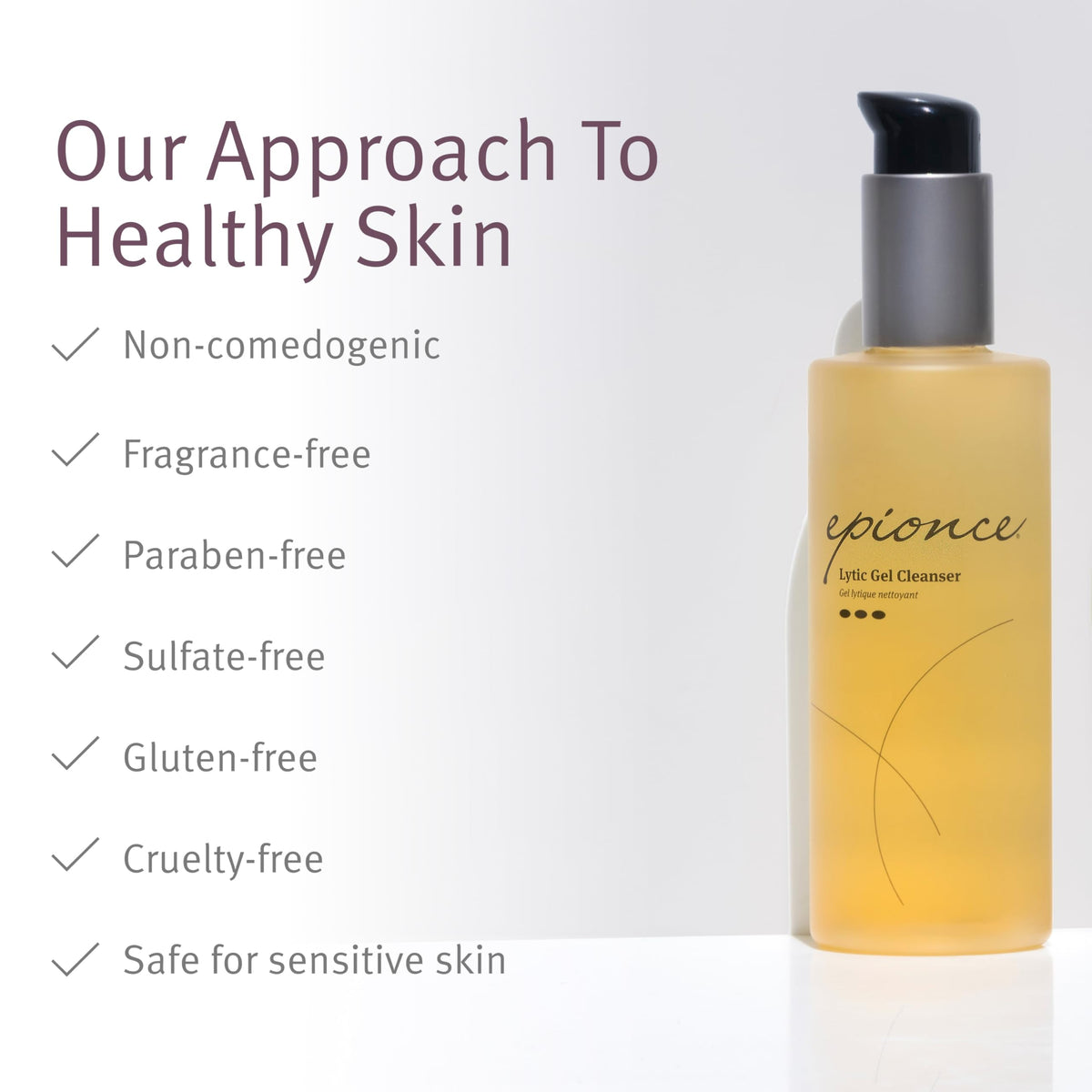 Epionce lytic gel bottle next to toner and serum to show recommended routine pairing