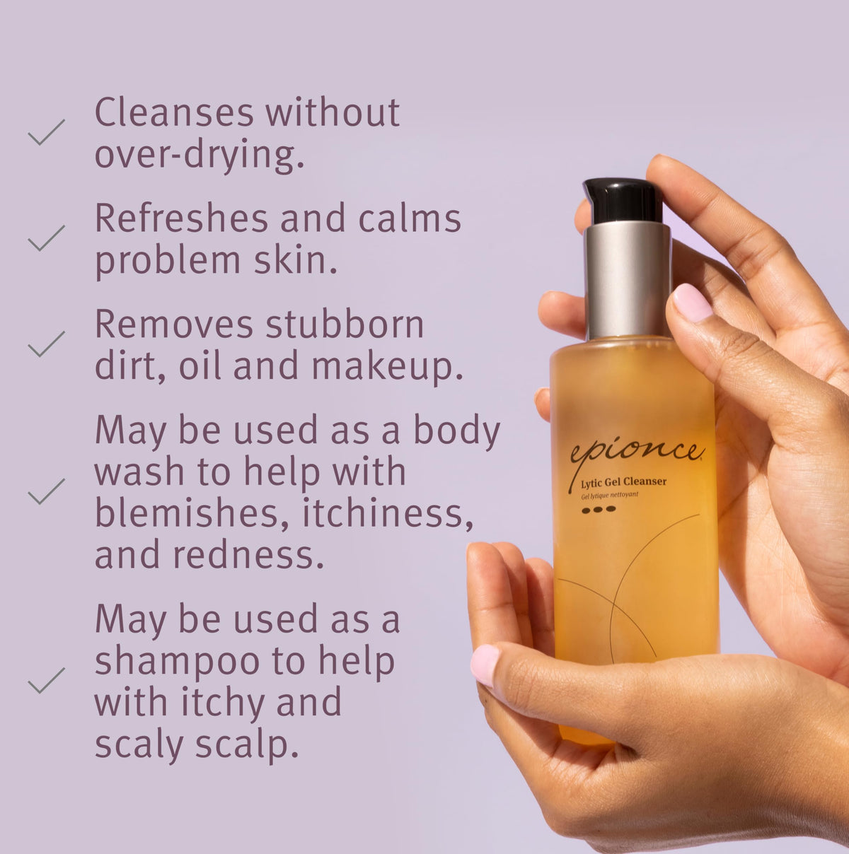 Epionce lytic gel texture on hand demonstrating lightweight gel and easy spreadability
