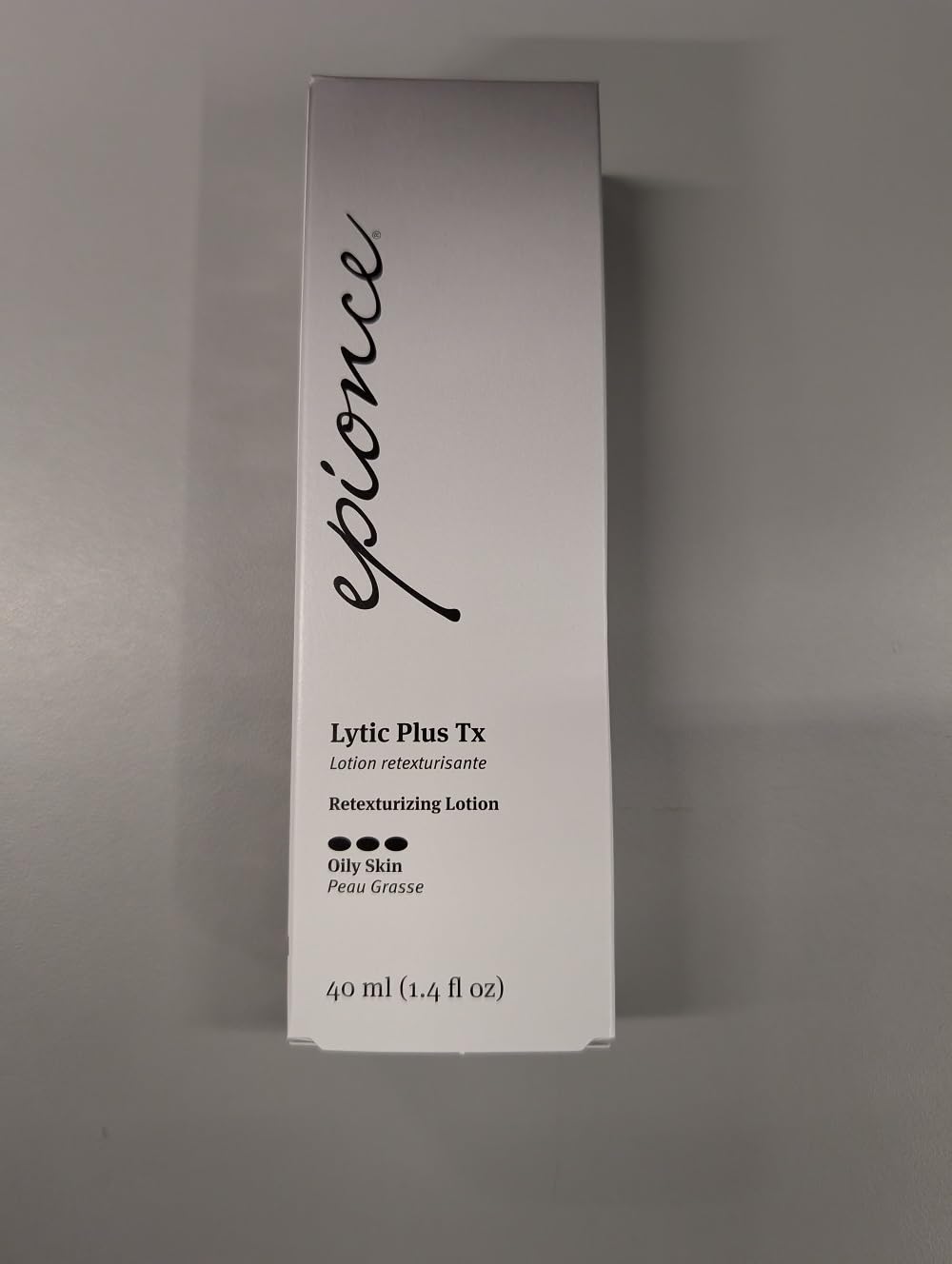 Epionce Lytic Tx label closeup showing active ingredients and formulation transparency benefit