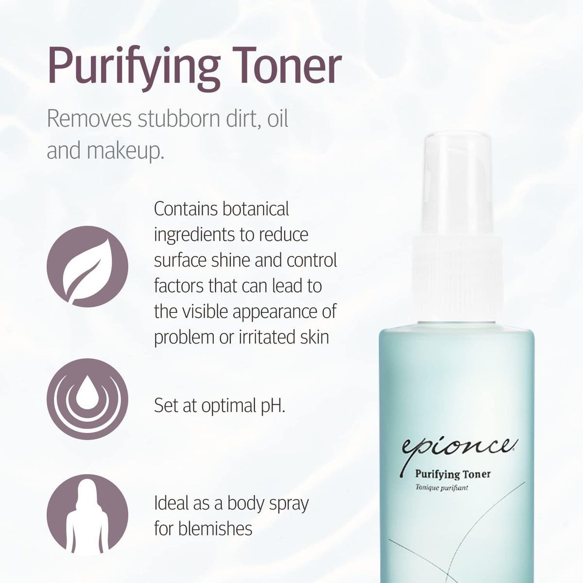 Epionce bottle producing fine mist to evenly distribute toner and refresh skin