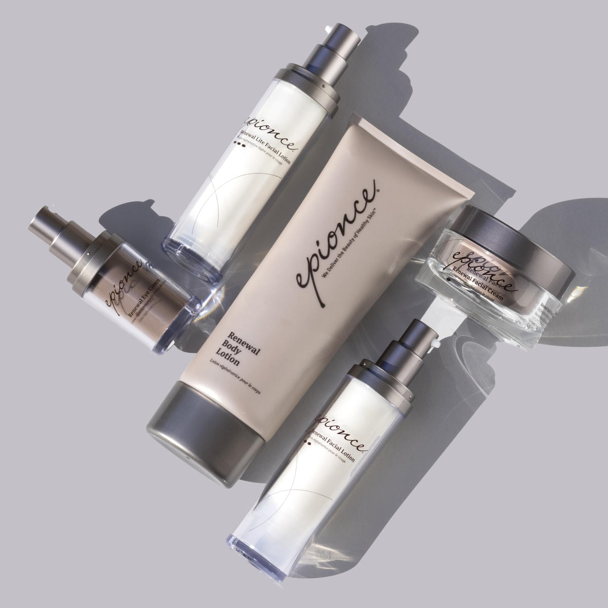 Epionce Renewal Body Lotion ingredient panel label highlighting dermatologist-formulated benefits