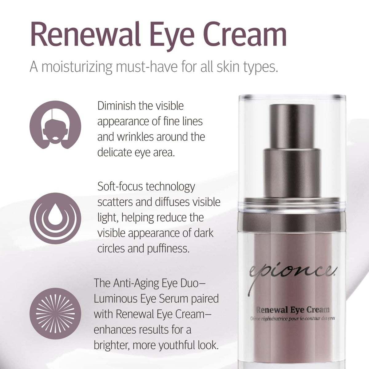 Opened Epionce Renewal Eye Cream texture close-up highlighting smooth lightweight cream