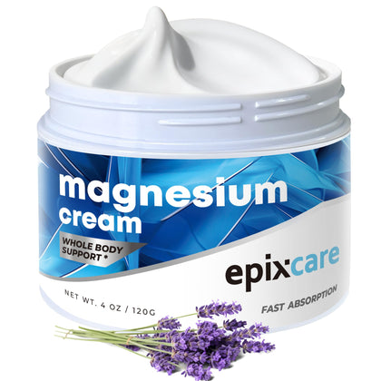 EpixCare jar front view showing 4 oz magnesium cream and lavender scent benefit