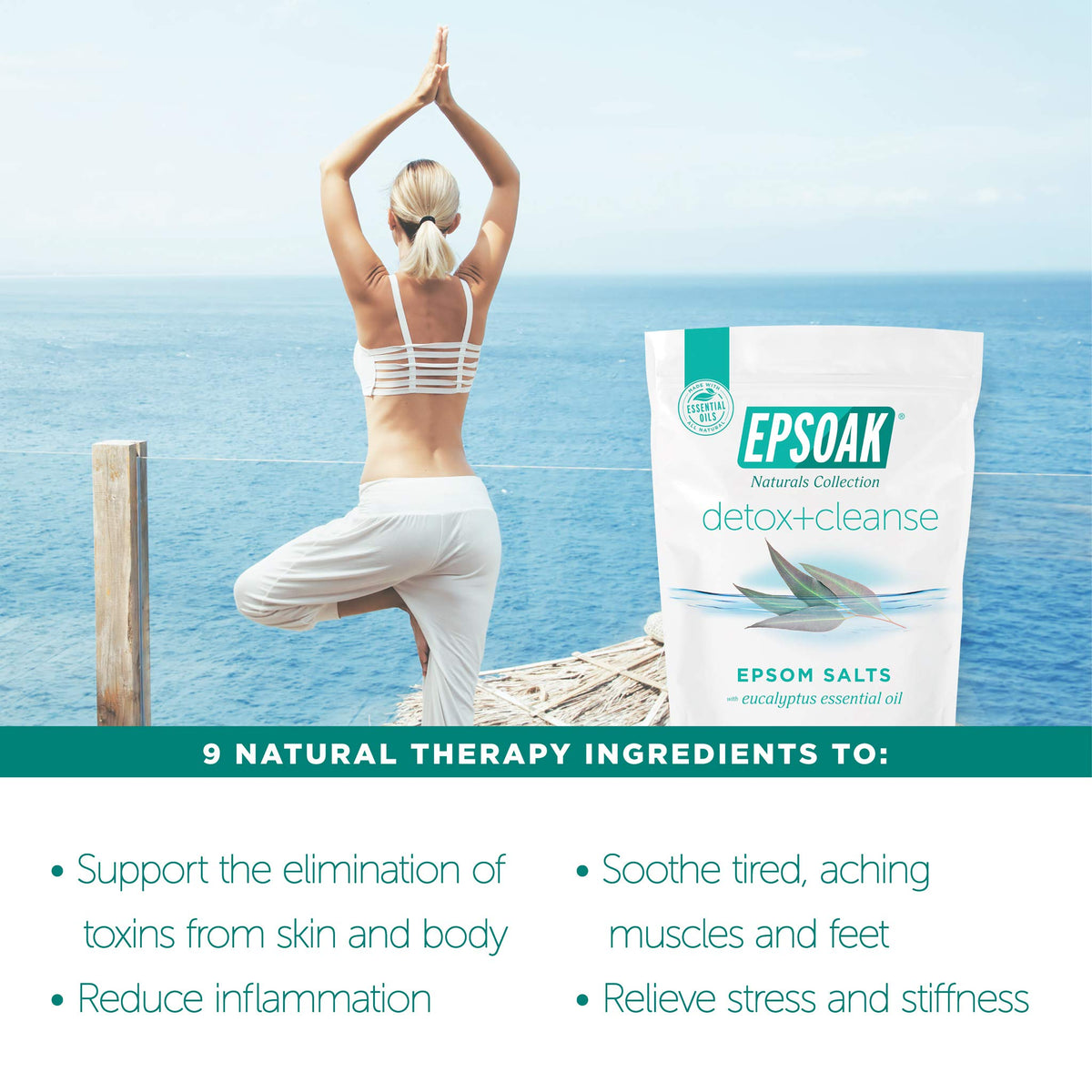 Foot soak scene using Epsoak salt in a warm tub for relaxing at-home care