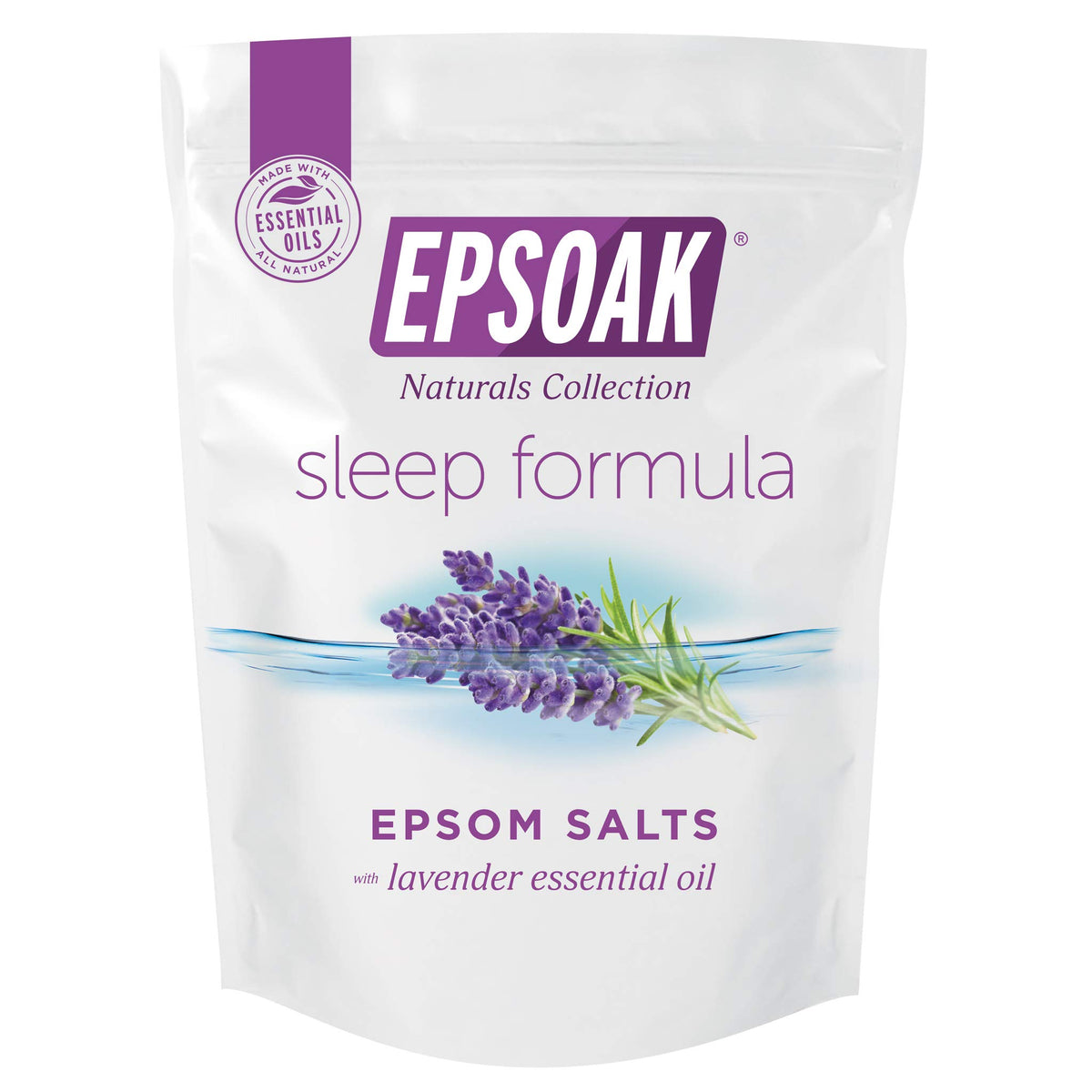 Epsoak front bag showing product and lavender scent for easy storage