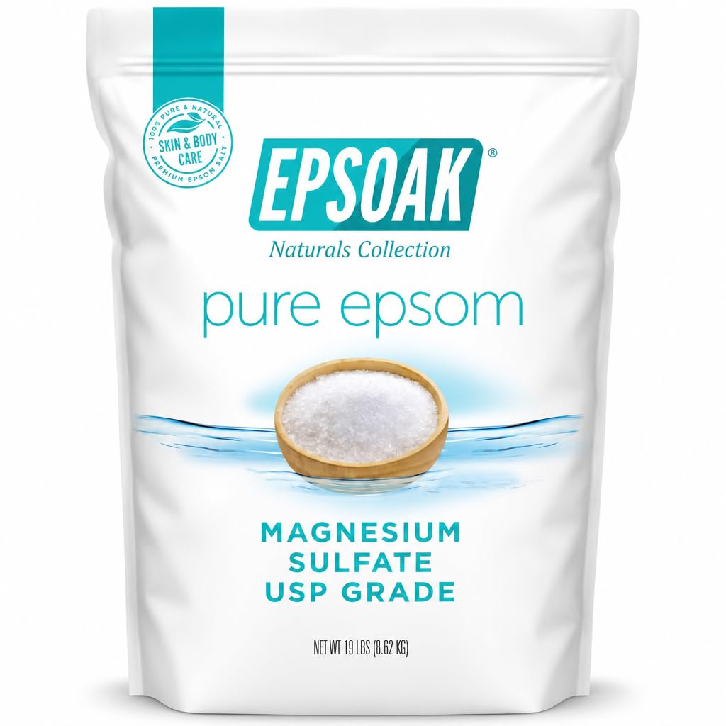 Epsoak front packaging 19 lb bag showing brand and resealable convenience
