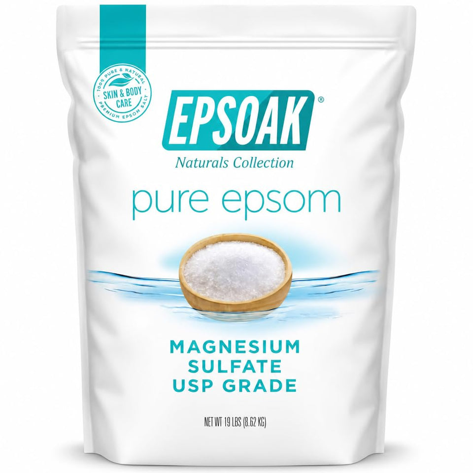 Epsoak front packaging 19 lb bag showing brand and resealable convenience