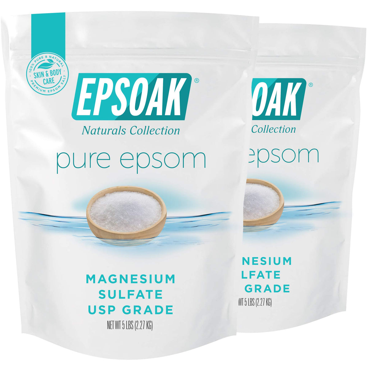 Epsoak front packaging showing two resealable bags and clear product benefits