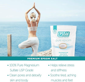 Epsoak sprinkled into warm bath showing brand enabling a calming soak
