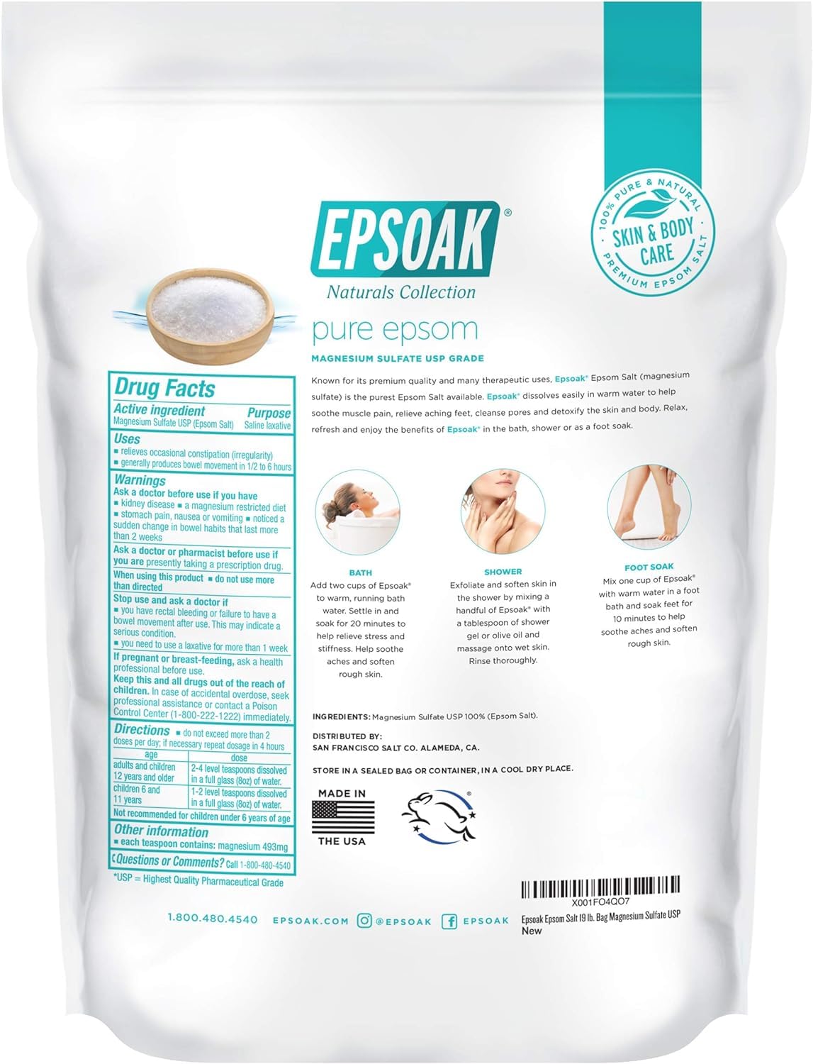 Product label close-up showing Epsoak magnesium sulfate USP and cruelty-free details