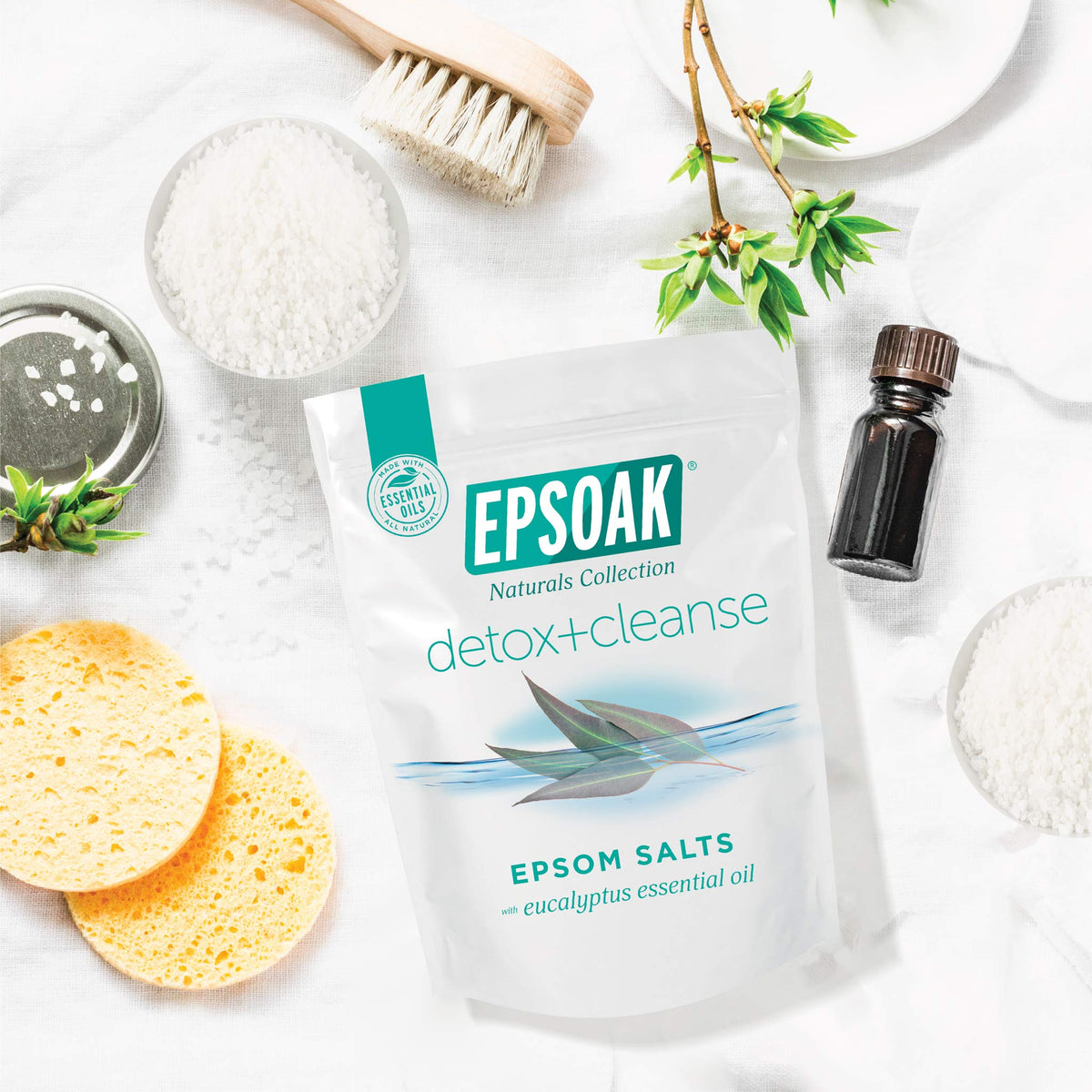 Bathroom lifestyle with Epsoak bag and tub conveying an inviting soak routine