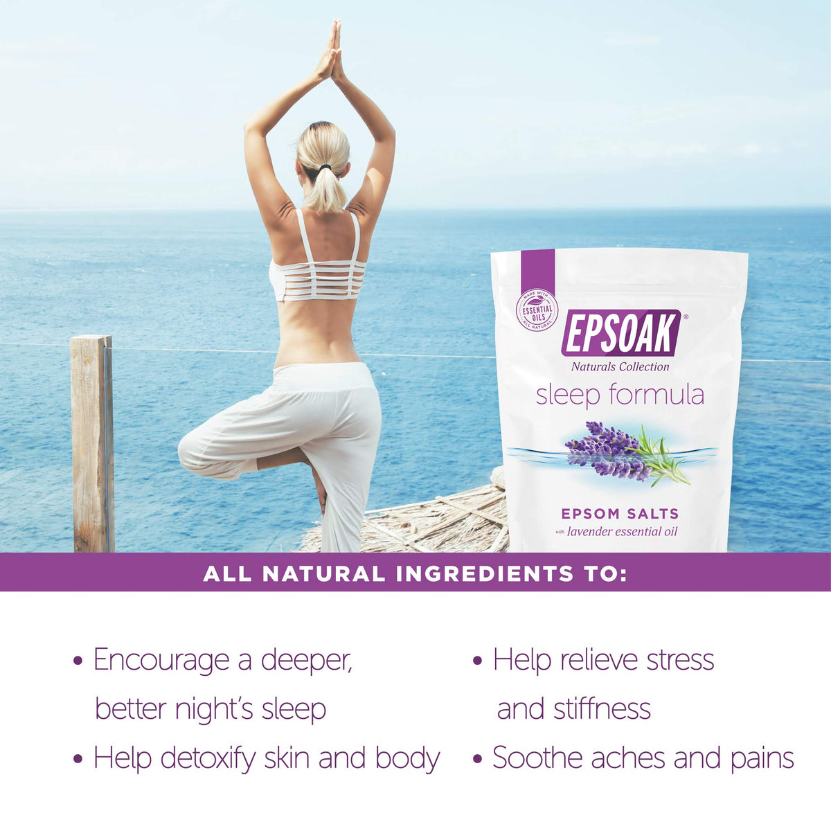 Epsoak pouring into bathtub demonstrating easy mixing and relaxation