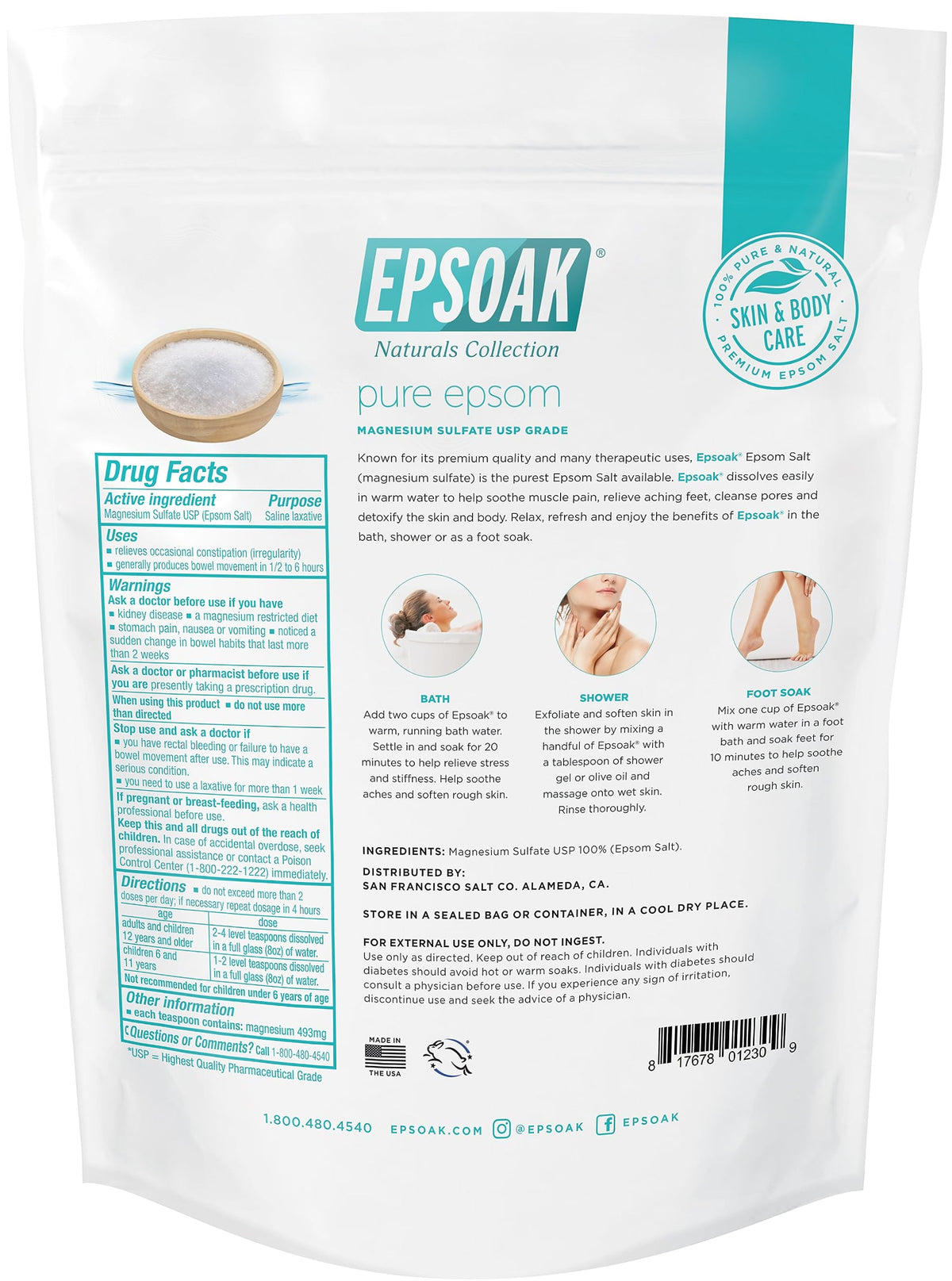 Epsoak bag beside bathtub showing compact 2 lb size advantage