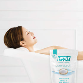 Epsoak size comparison next to bathtub showing two 5 lb bags for repeated use